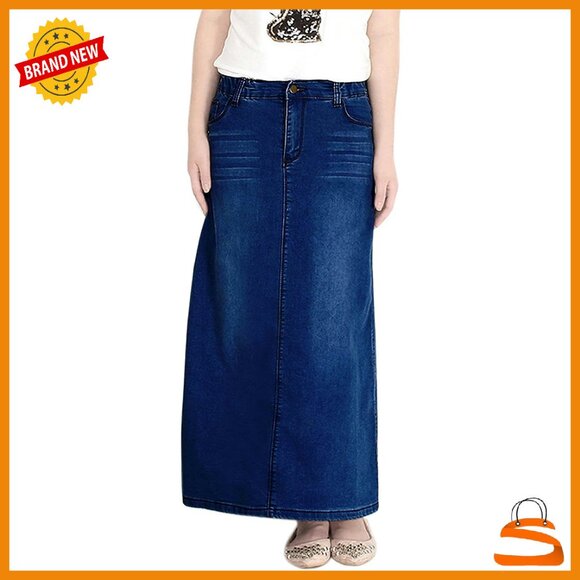 Stretch Waist Washed Denim A-Line Maxi Skirt, Casual & Versatile